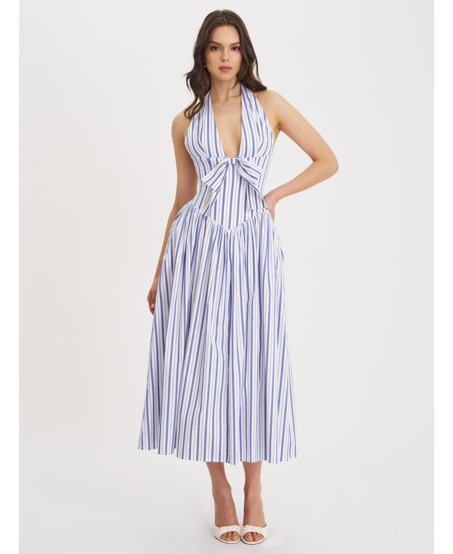 Women's Mackenna Navy Stripe Halter Smock Back Maxi Dress