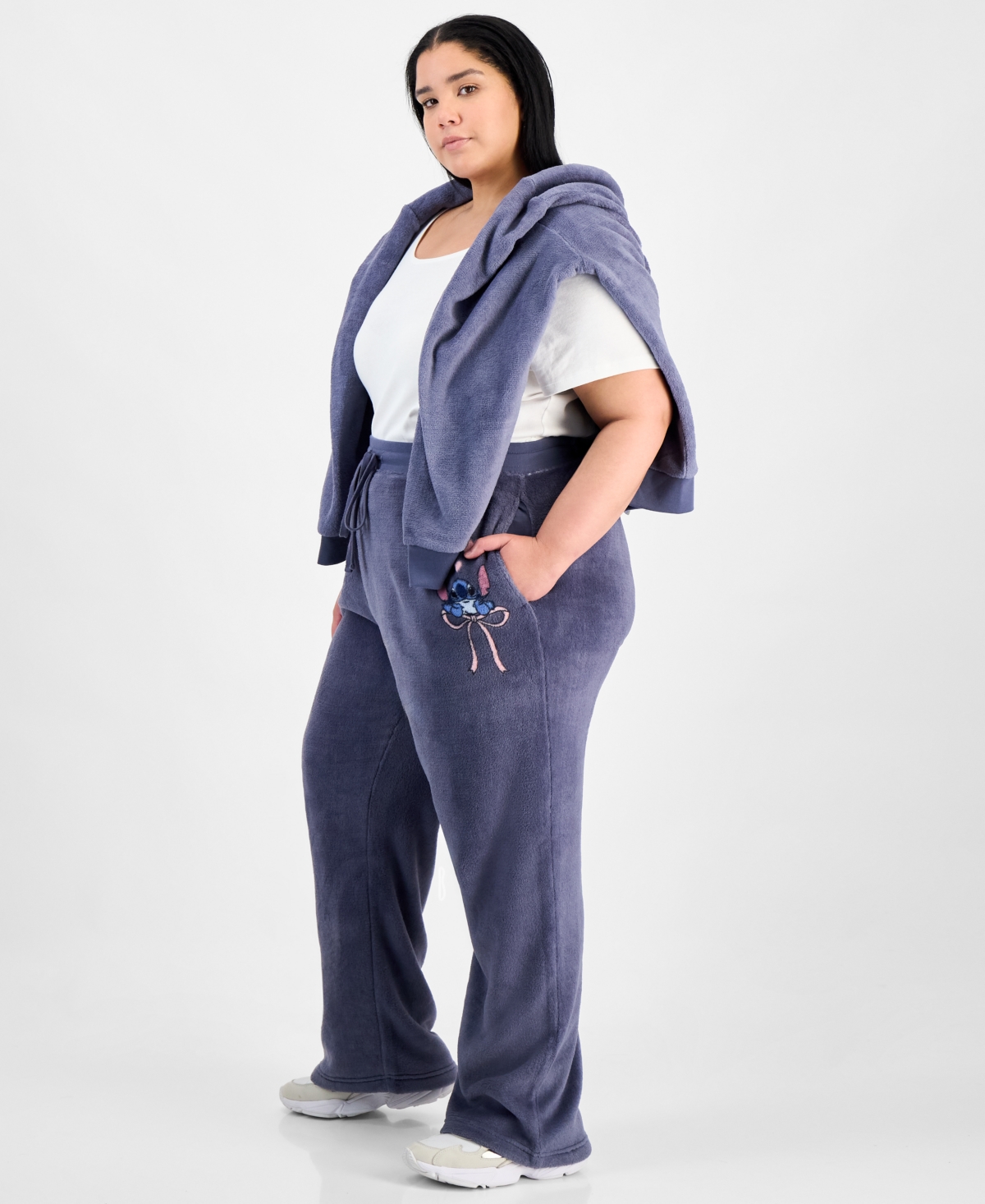 Disney Trendy Plus Size Stitch Fleece Drawstring Pants In Blue