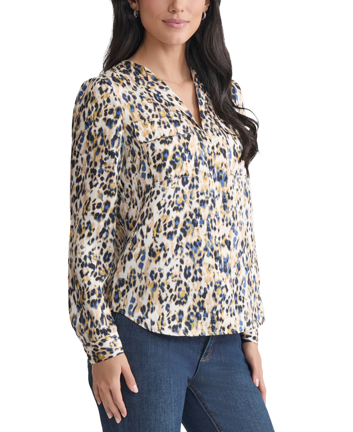 Jones New York Petite Printed Utility Blouse In Multi