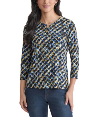 Jones New York - Petite Printed Keyhole Top
