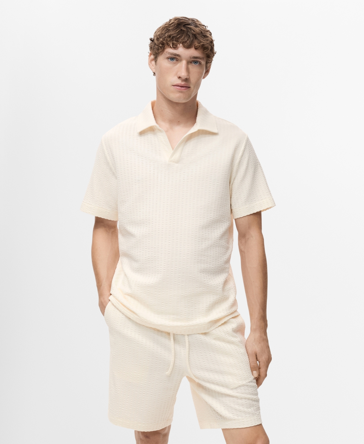 Men's Seersucker Cotton Polo Shirt - Ecru