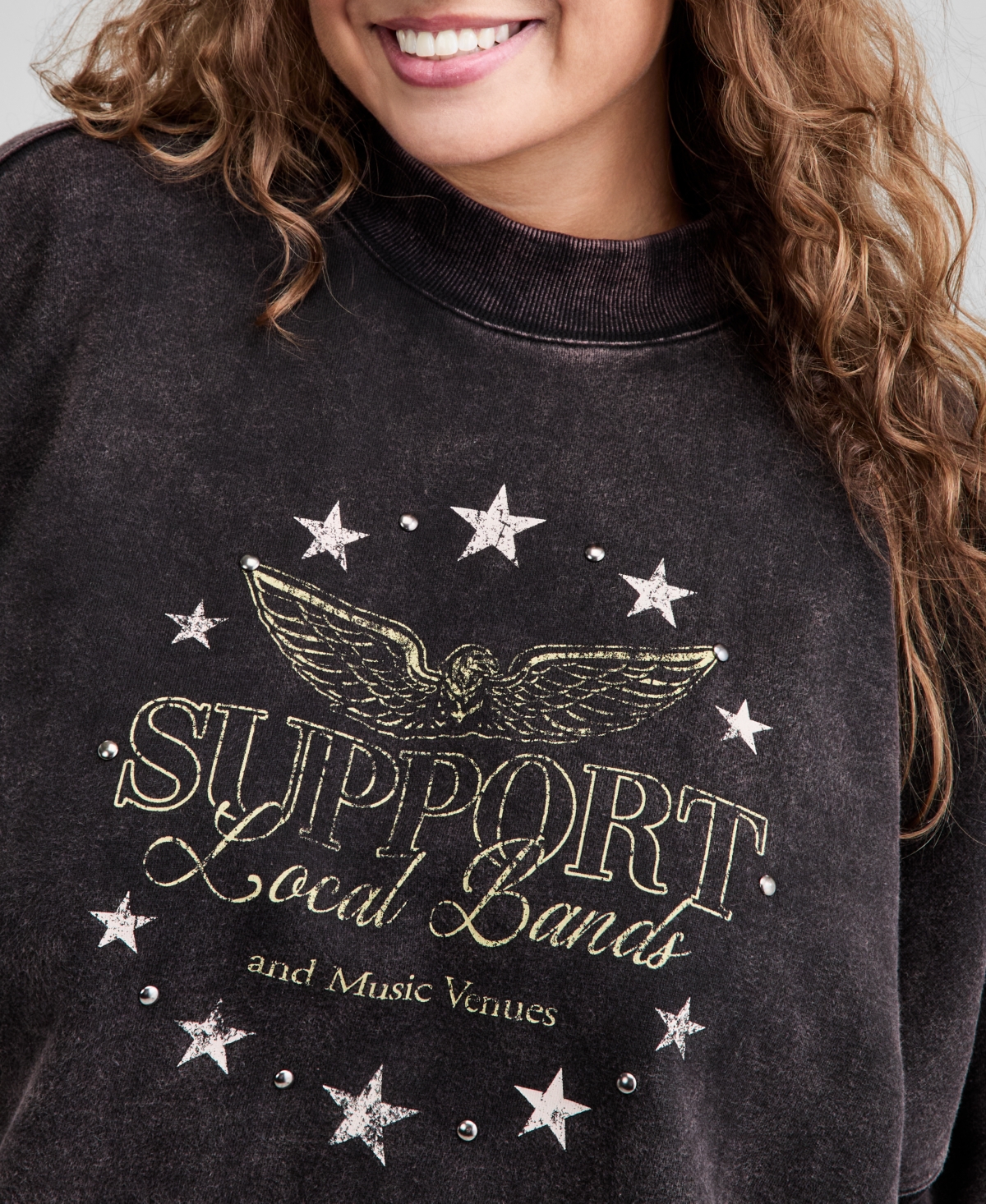 And Now This Trendy Plus Size Cotton Stud-trim Graphic Sweatshirt, Macy's Exclusive In Black