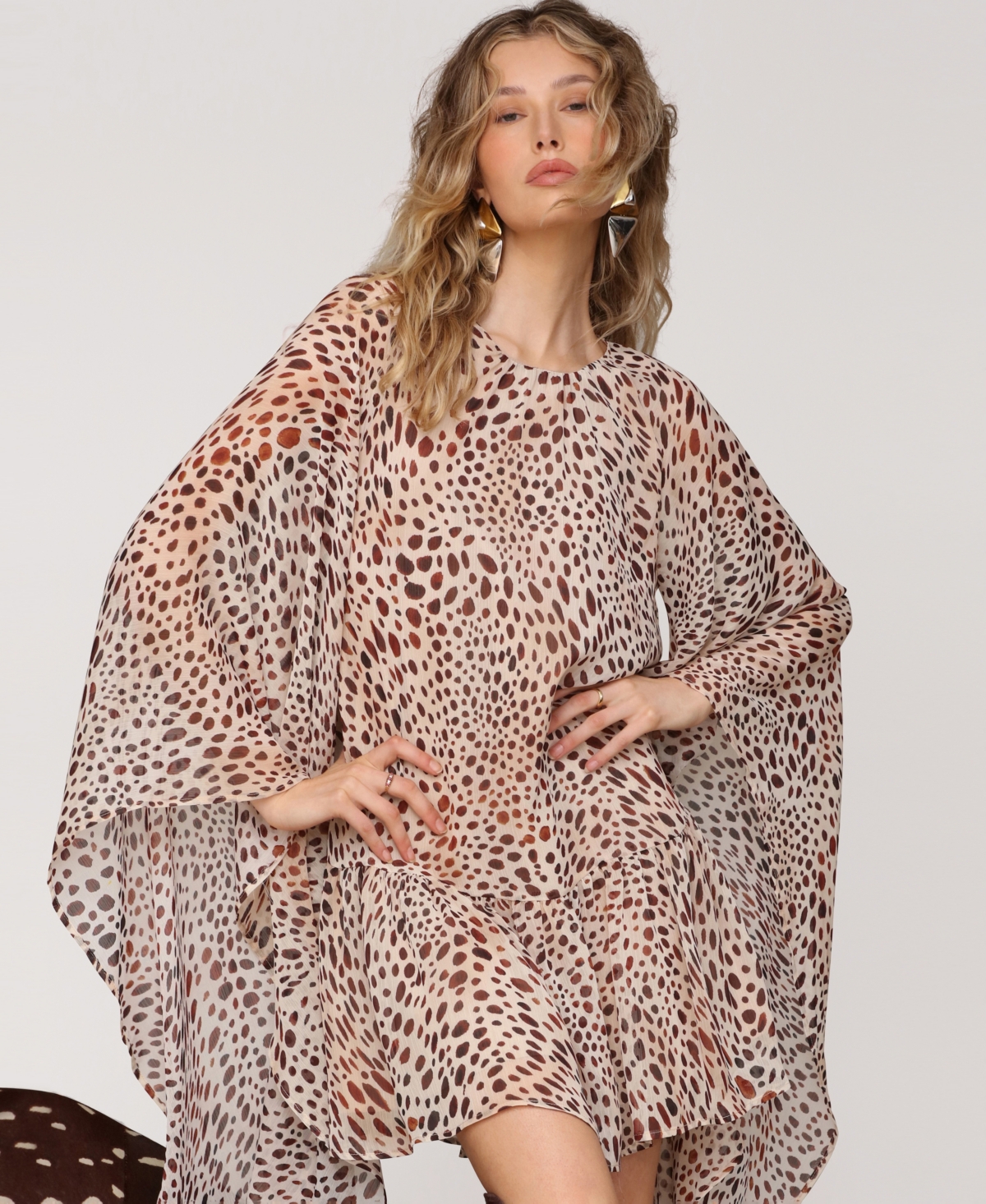 Avec Les Filles Long-sleeve Ruffle Swing Mini Dress In Brown
