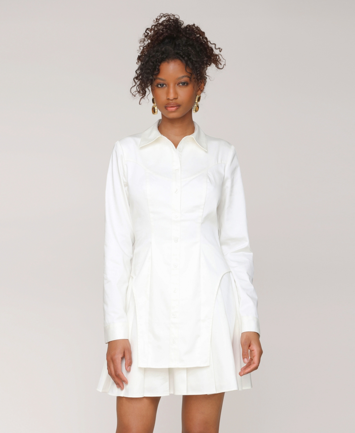 Avec Les Filles Women's Collared Long-sleeve Short Shirtdress In White