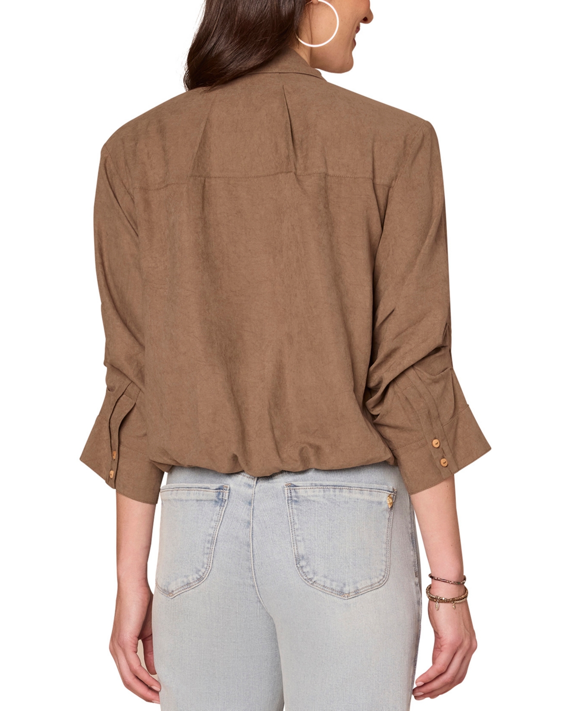 Democracy Petite Ruched-sleeve Bubble-hem Shirt In Brown