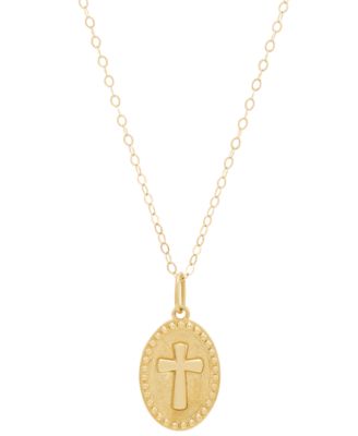 Macy's - Polished Oval Cross Beaded Medallion 15" Pendant Necklace in 14k Gold