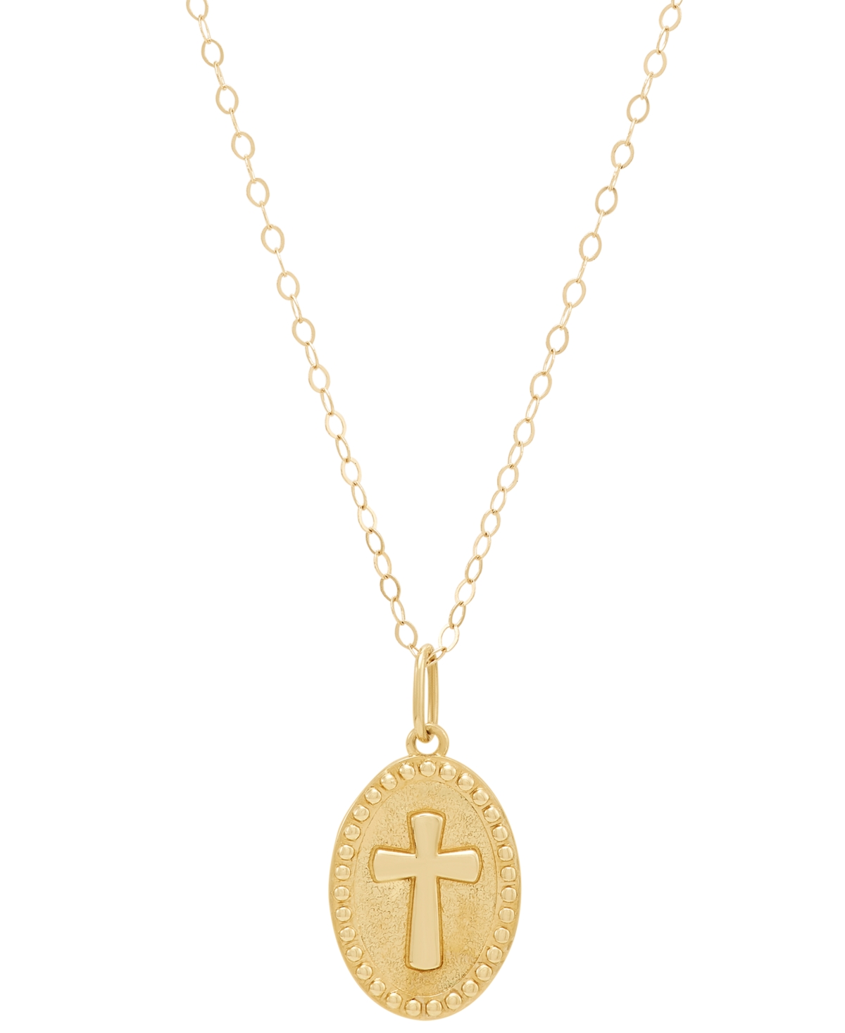 Macy's Polished Oval Cross Beaded Medallion 15" Pendant Necklace In 14k Gold In Gold