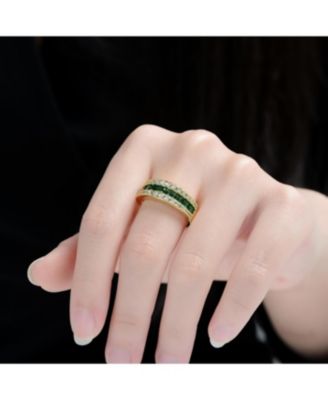Sterling Silver 14K Gold Plated with Round Green & Clear Cubic Zirconia Band Ring