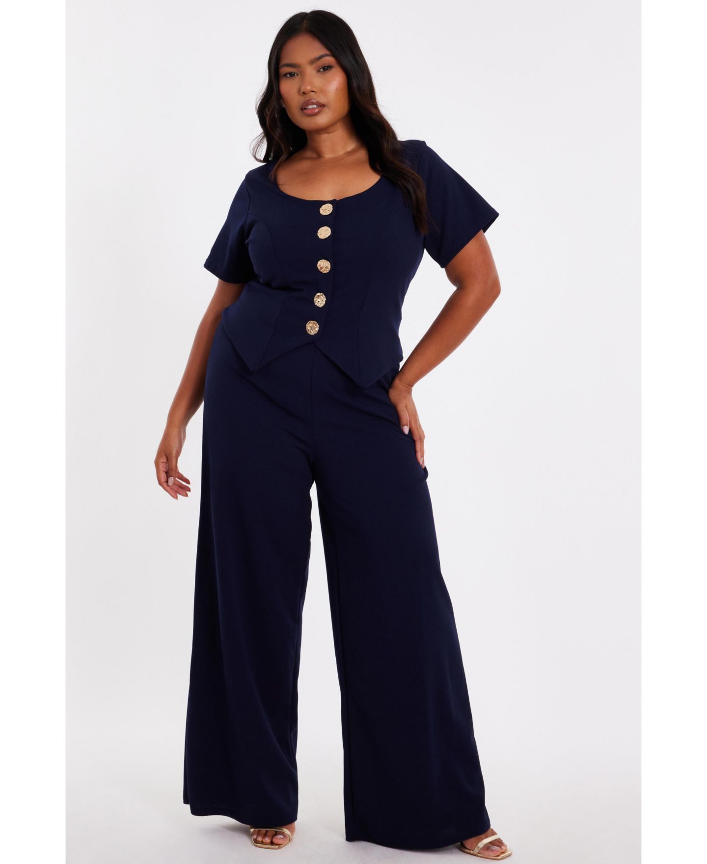 Женский комбинезон QUIZ Plus Size Palazzo Button Front Jumpsuit, цвет: Тёмно-синий — фото 1