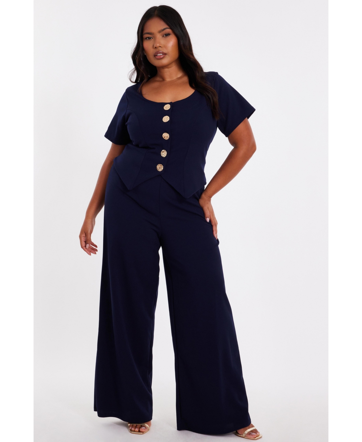 Women's Button Detail Palazzo jumpsuit - Navy