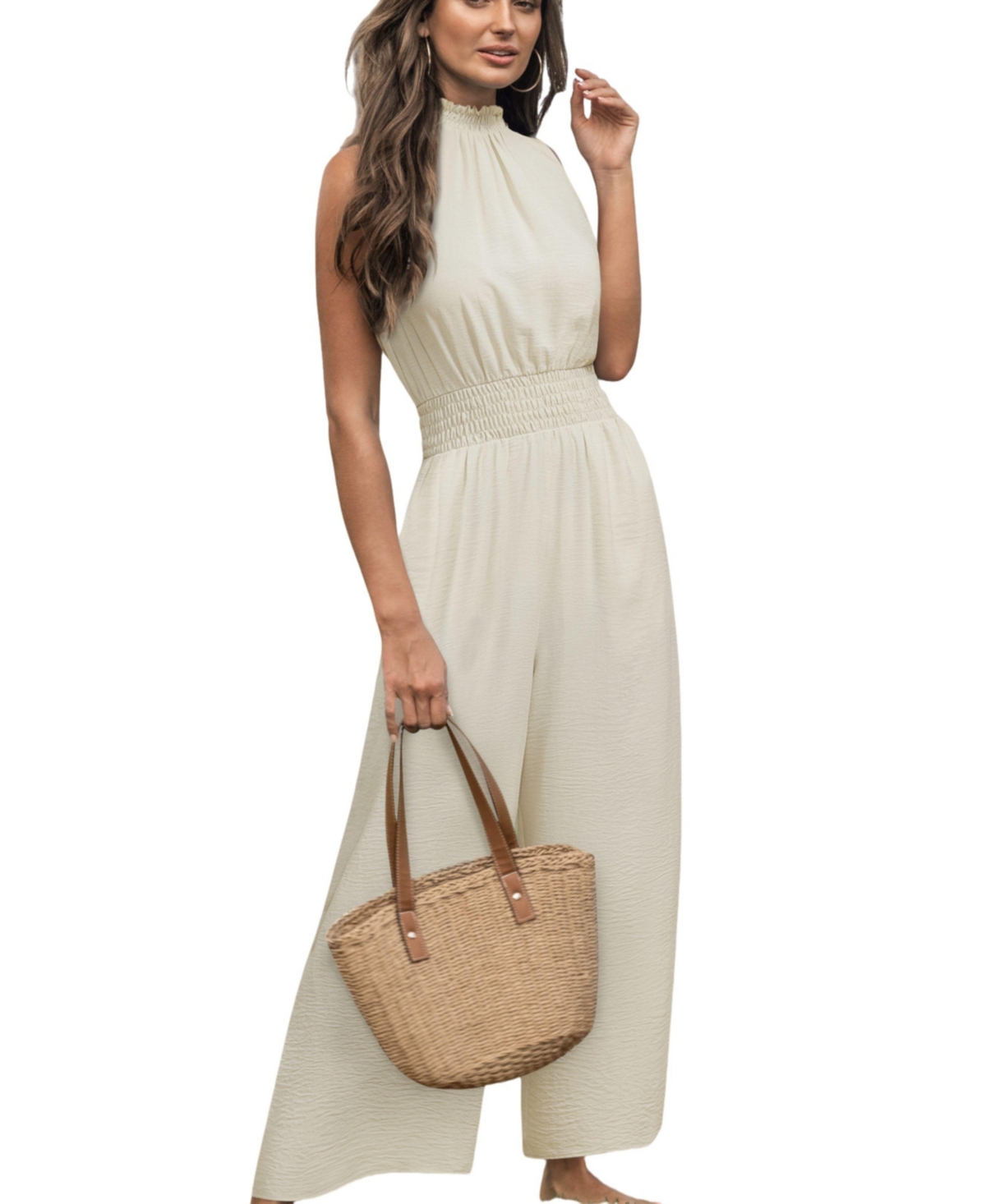 Women's Sleeveless Textured Wide-Leg Jumpsuit - Light beige