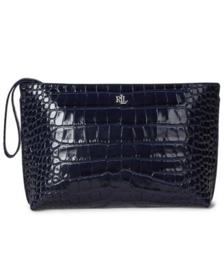 Crocodile-Embossed Leather Zipper Pouch