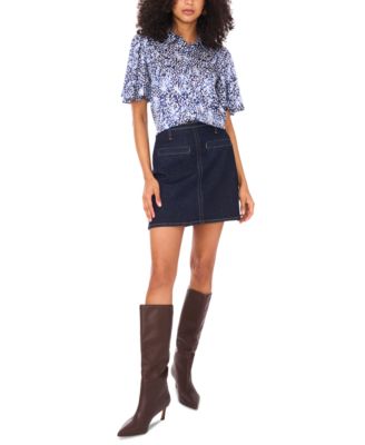 Women's Printed Flutter-Sleeve Button Blouse