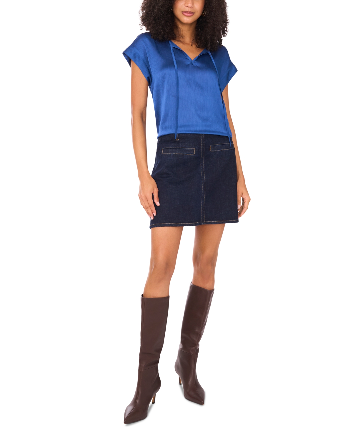 Vince Camuto Textured Satin Short Sleeve Top In Blue