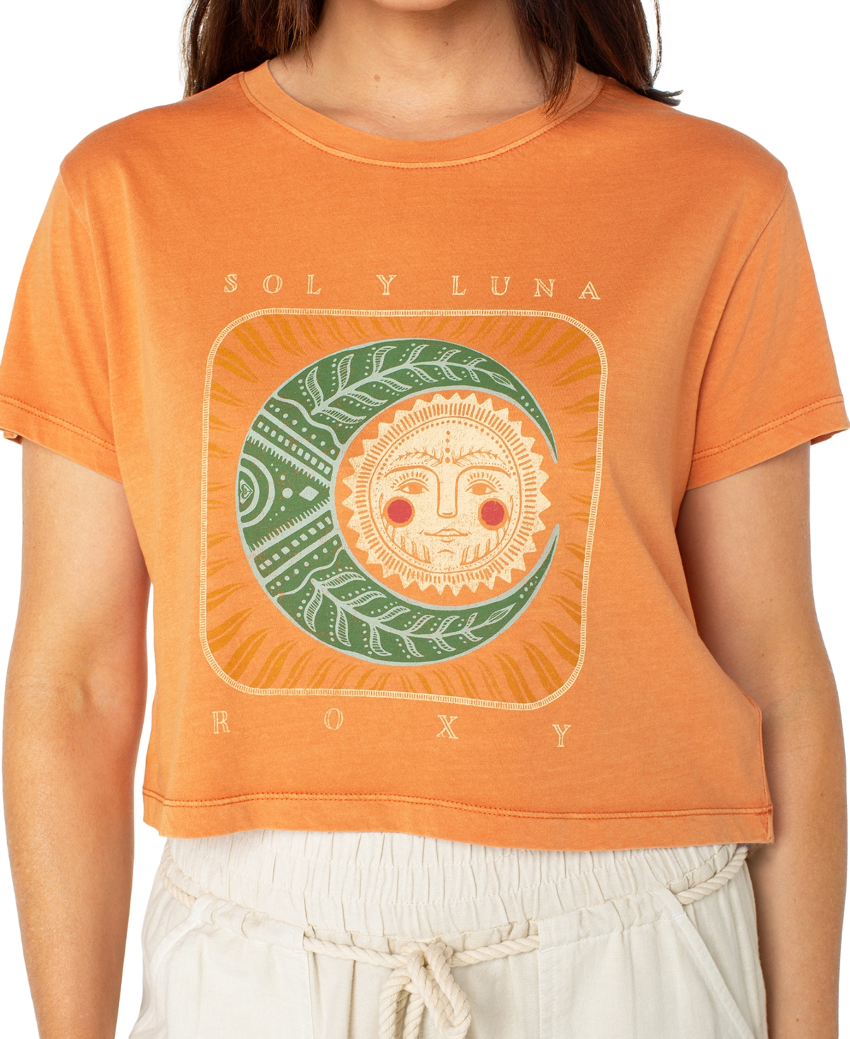 Roxy Juniors' Sol Y Luna Graphic Crewneck Short-sleeve Cotton T-shirt In Orange