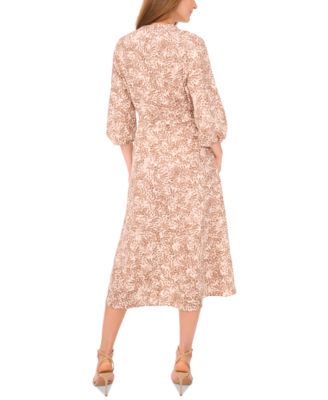 Women's Printed Split-Neck Belted Midi Dress