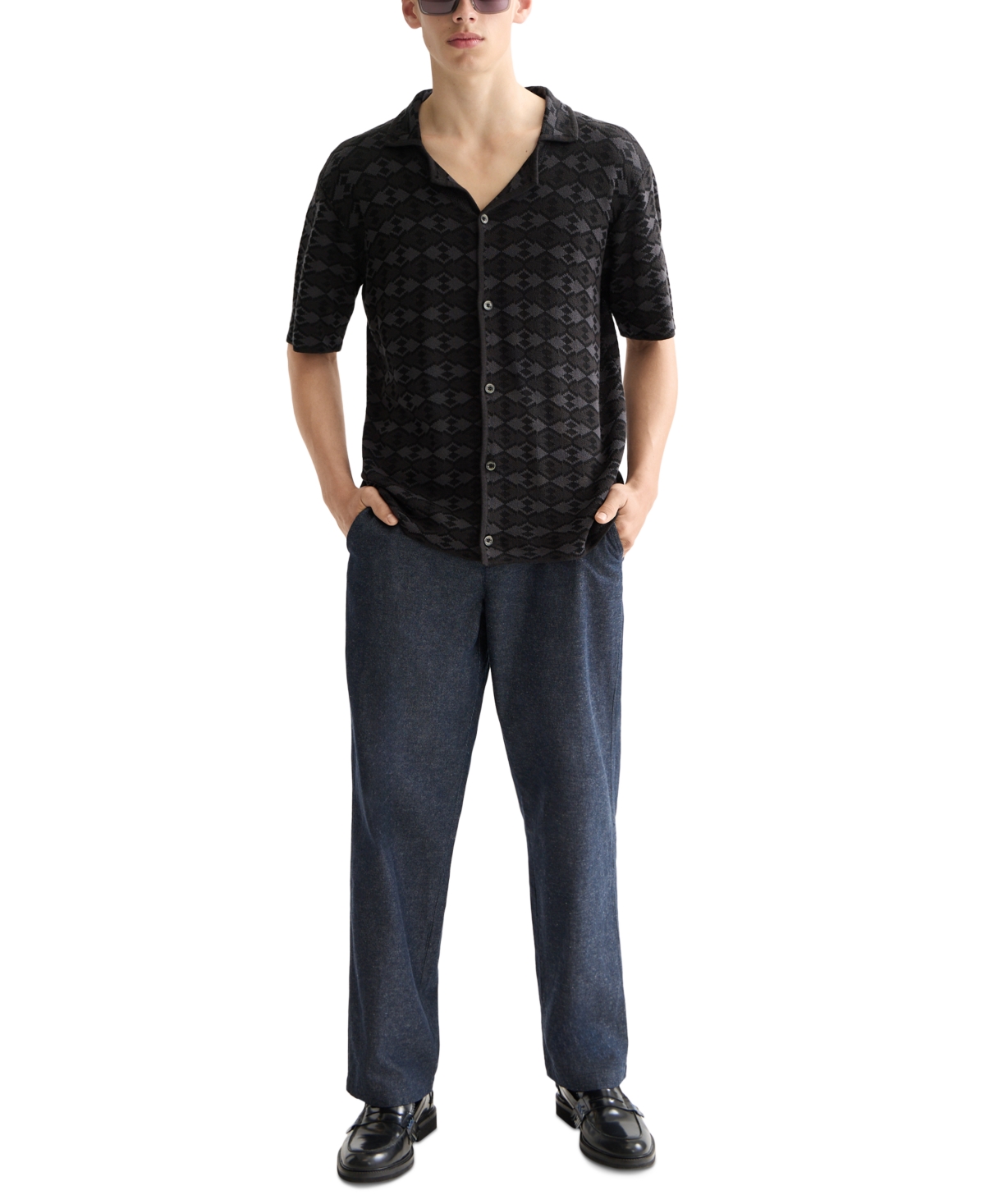 Scotch & Soda Men's Short Sleeve Tone On Tone Button-front Shirt In Black