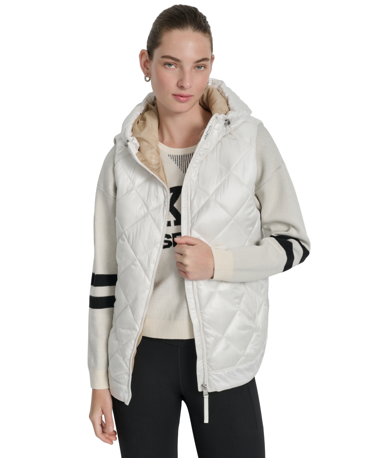Dkny Women's Quilted Curved-hem Hooded Vest In White
