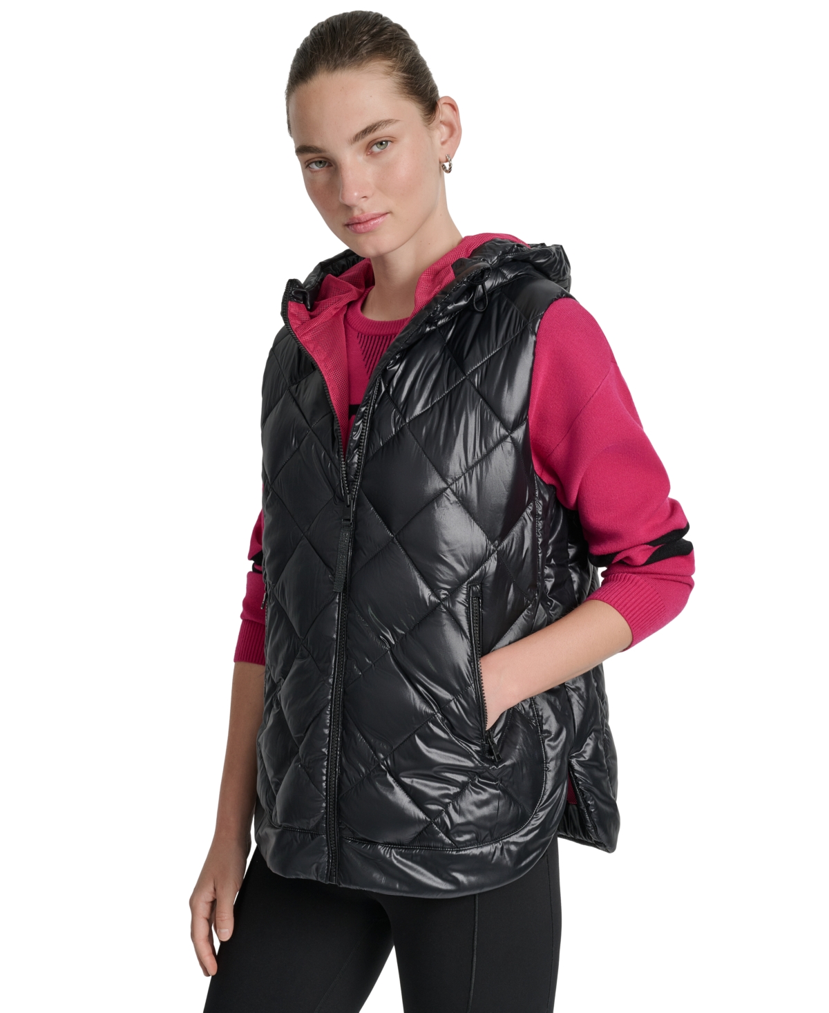 Dkny Women's Quilted Curved-hem Hooded Vest In Black