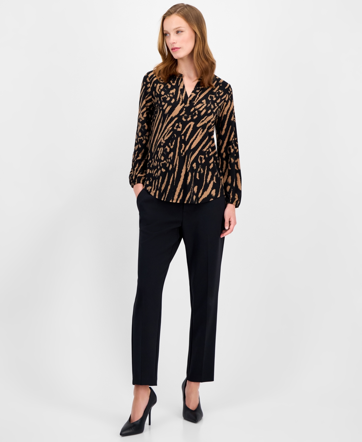 Ak Anne Klein Petite Split-neck Animal-print Top In Brown