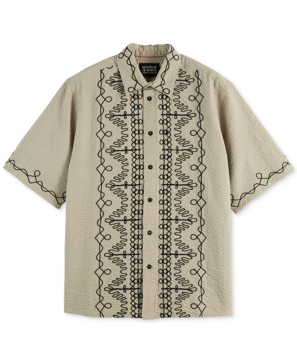Scotch & Soda Oversize Embroidered Short Sleeve Cotton Seersucker Button-up Shirt In Neutral