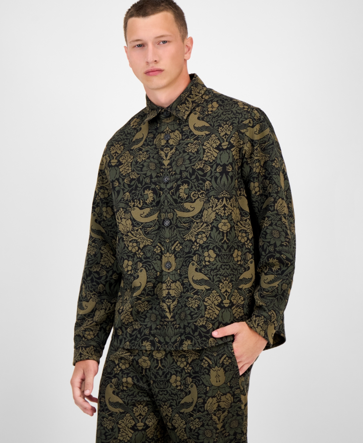 Hugo Boss Men's Erato Oversized Tapestry Button Front Shirt Jacket In Green