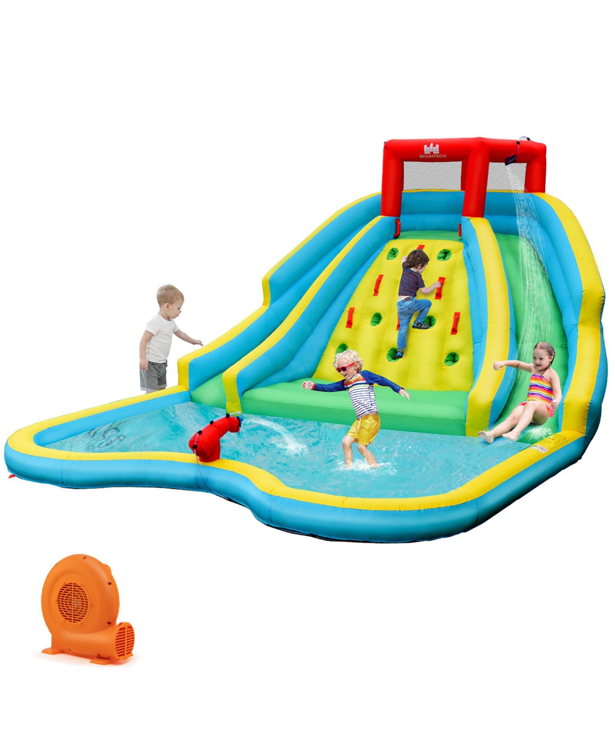 Inflatable Mighty Water Park Bouncy Splash Pool Climbing Wall with 680W Blower - Blue