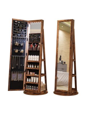 Rotatable full-length jewelry mirror cabinet with compartments and built-in LED lights.