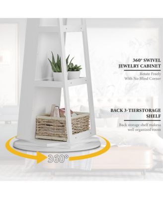 Rotatable full-length jewelry mirror cabinet with compartments and built-in LED lights.