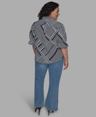 Plus Size Geo-Print Puff-Sleeve Shirt