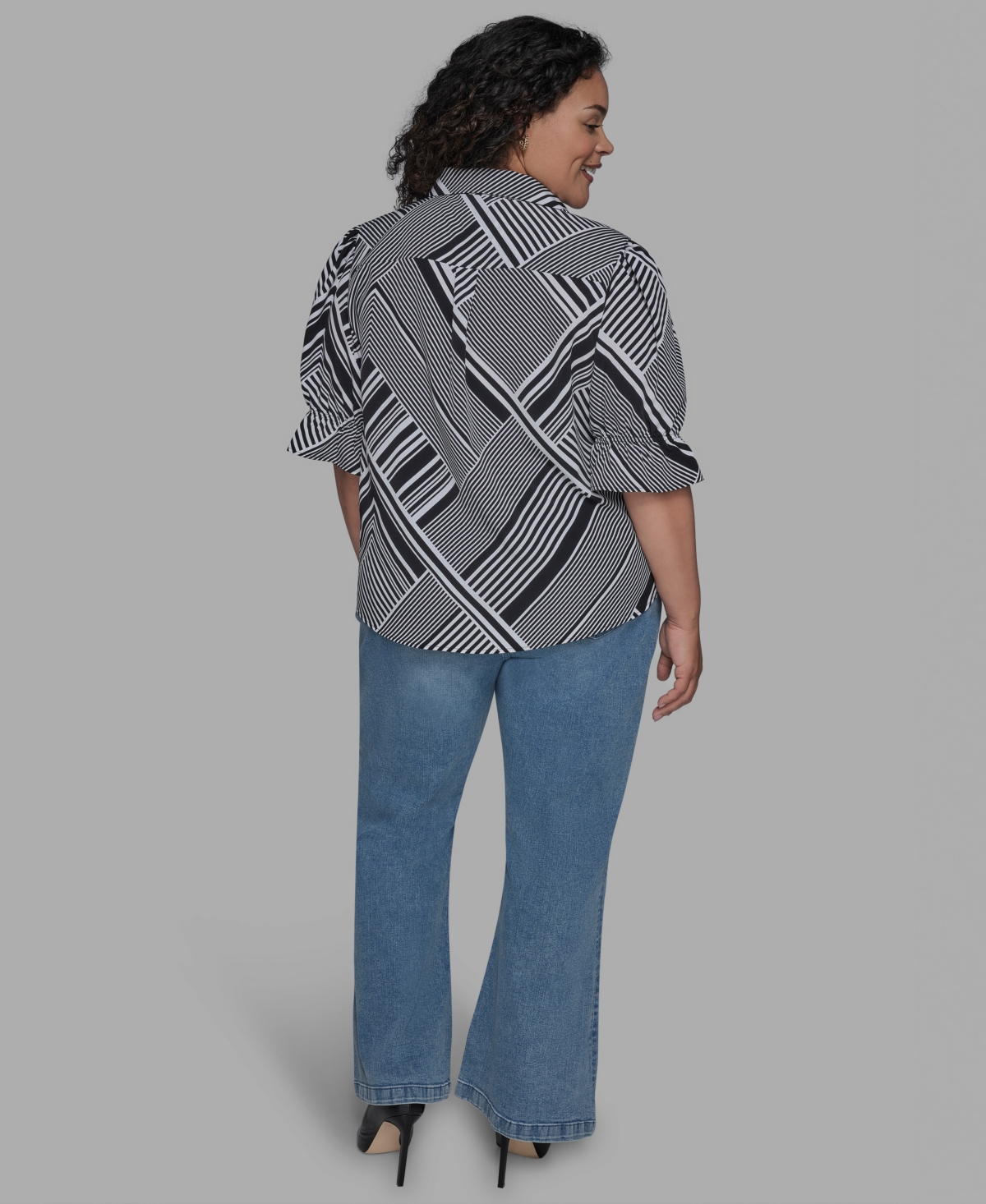 Karl Lagerfeld Plus Size Geo-print Puff-sleeve Shirt In Gray