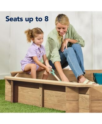 Kid's Octagonal Wooden Outdoor Sandbox w/ Benches, 8 Seats, Cover, XL Sandpit, Liner