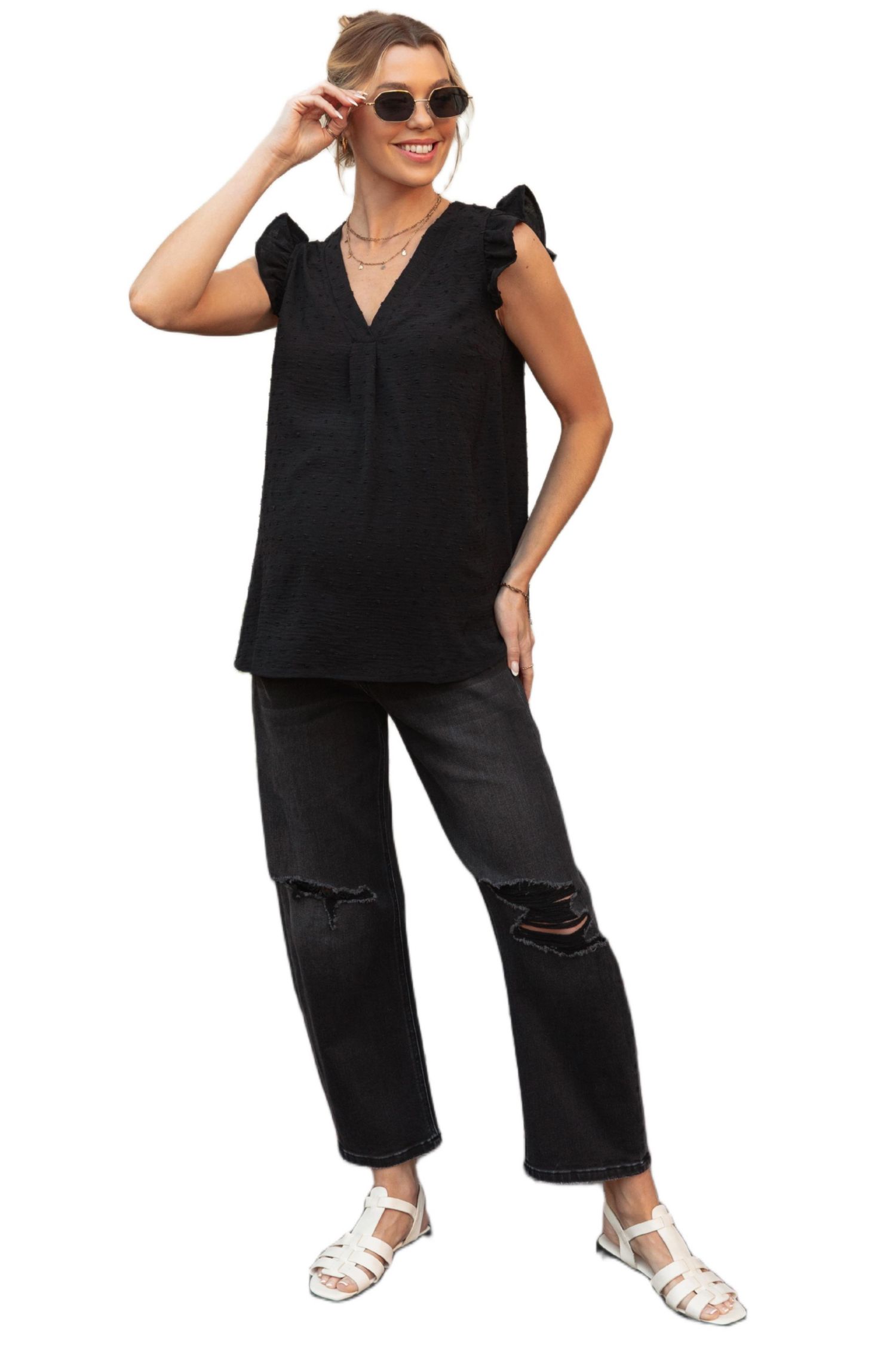 Women's Lavender Swiss Dot Flutter Sleeve V-Neck Top
