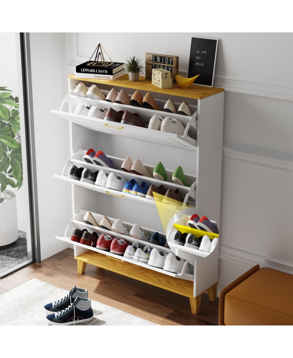 Wooden three-door natural shoe cabinet, multi-purpose shoe rack with adjustable shelves,cabinet foot,white - White