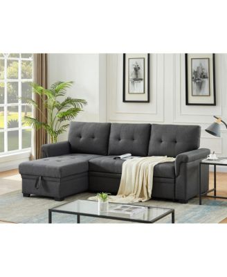 84"W Dark Gray Linen Reversible Sleeper Sectional Sofa with Storage Chaise