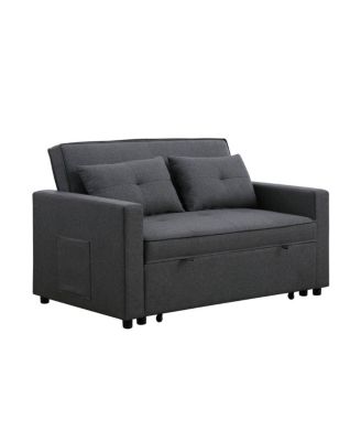 56"W Dark Gray Linen Convertible Sleeper Loveseat with Side Pocket