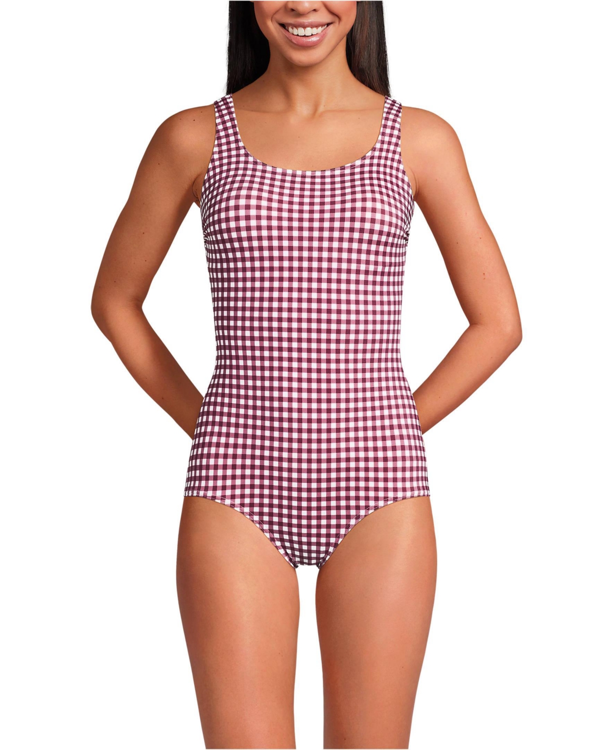 Women's Long Torso Tugless Low Leg One Piece Swimsuit - Burgundy gingham
