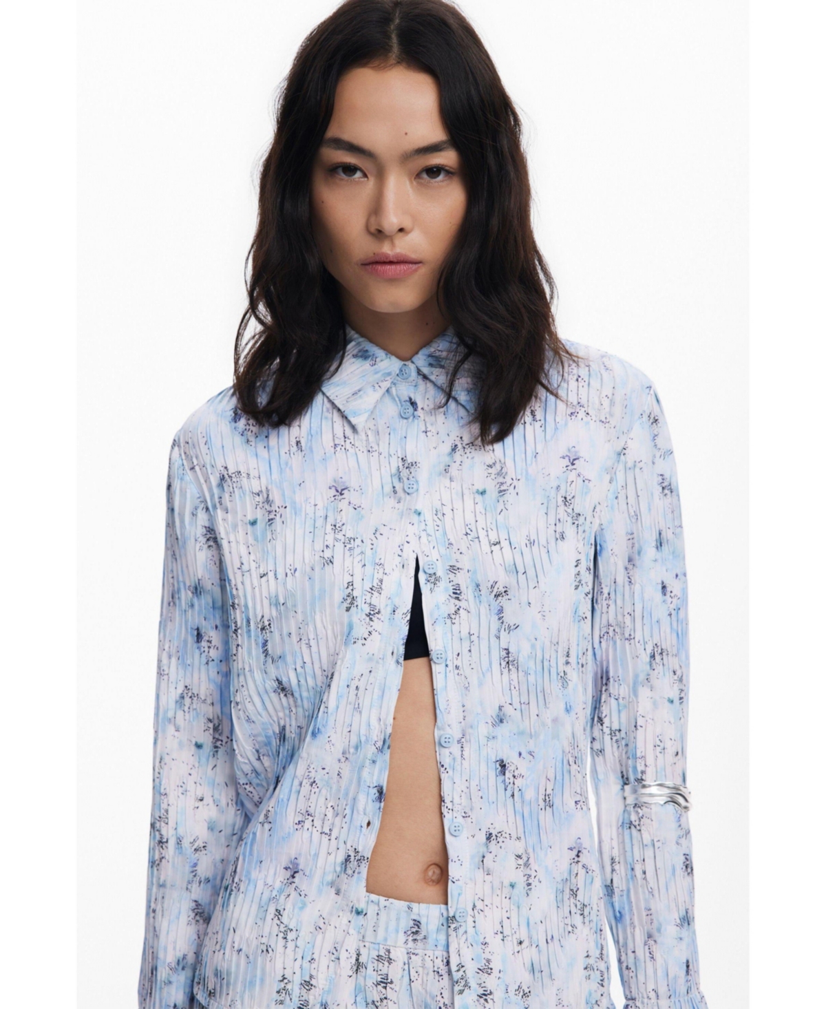 Desigual Women's Pleated Stretch Shirt In Blue