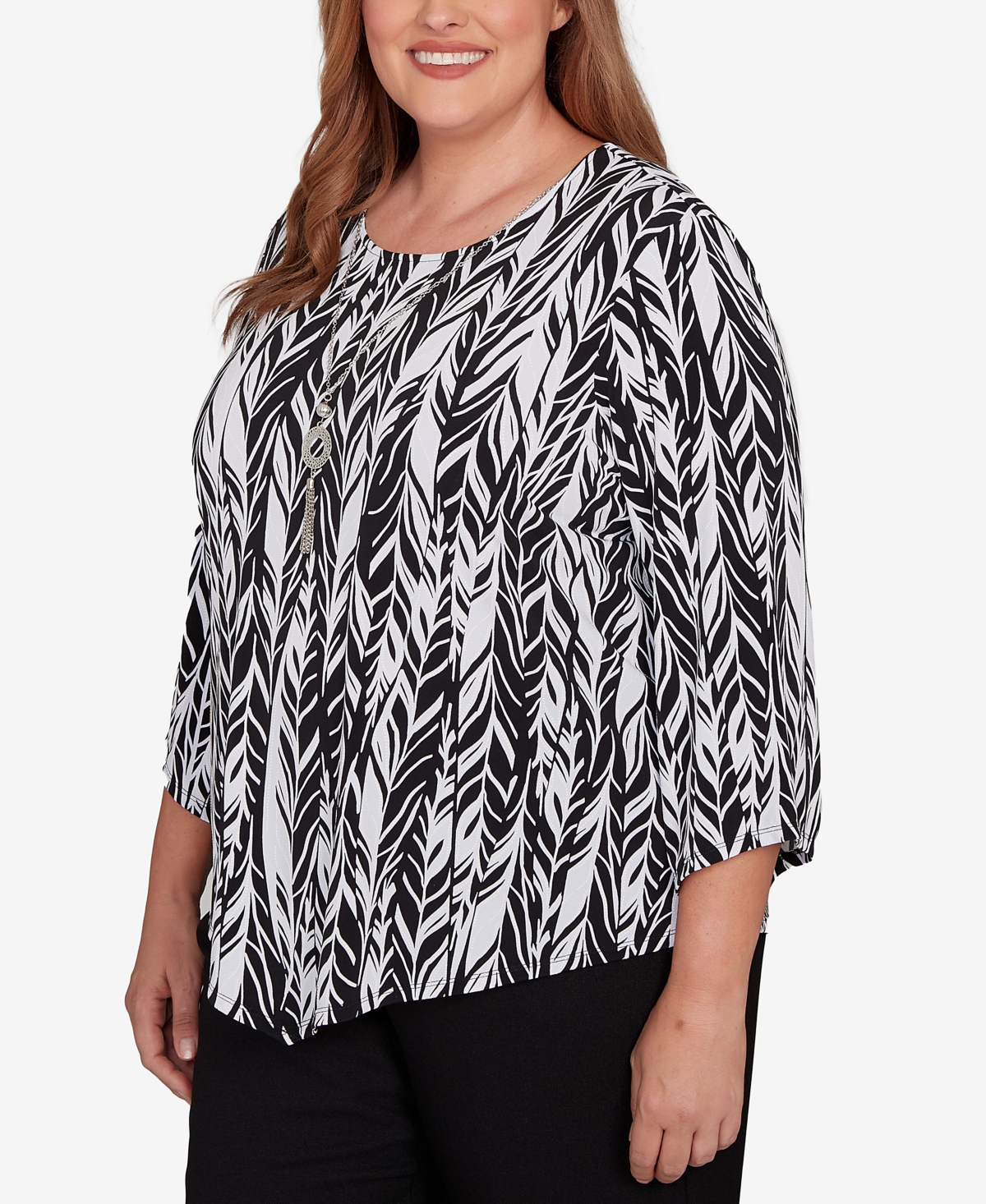 Alfred Dunner Plus Size Classic Puff Print Abstract Feather Crew Neck Top In Multi