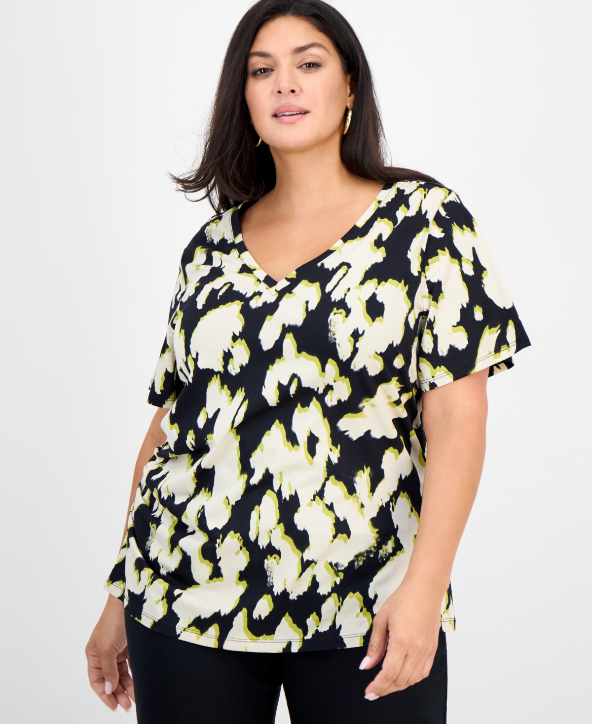 Inc International Concepts Plus Size Cotton V-neck Short-sleeve Top, Macy's Exclusive