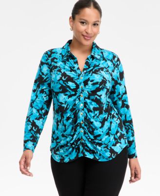 I.N.C. International Concepts - Plus Size Printed Gathered Collared Shirt, Macy's Exclusive