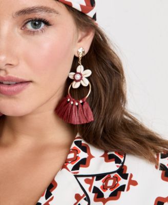 Macy's - Gold-Tone Raffia Imitation Shell Floral Drop Earrings