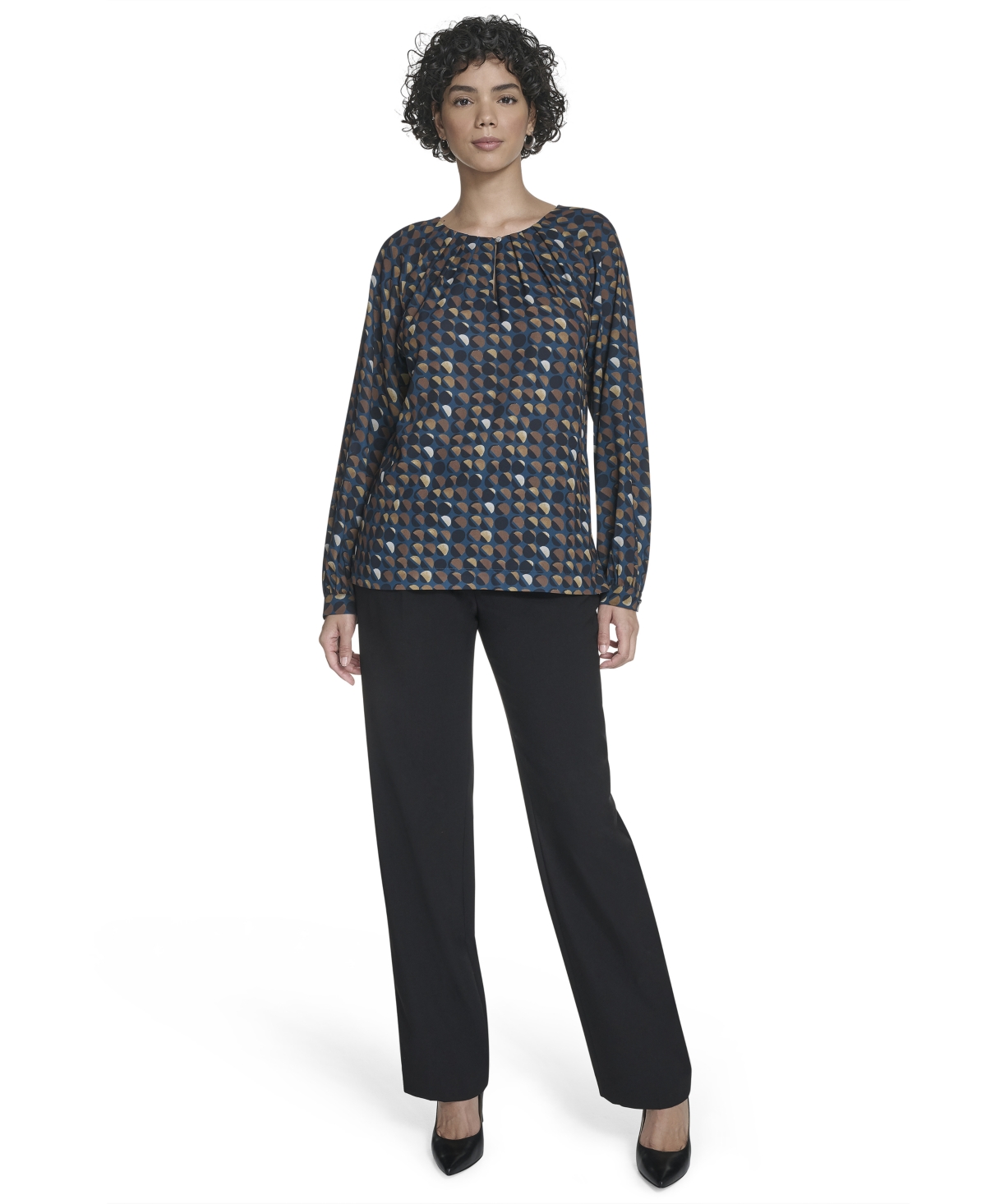 Calvin Klein Women's Printed Georgette Long-sleeve Blouse In Blue
