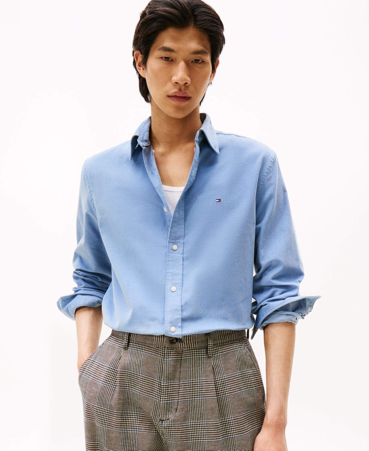 Мужская однотонная вельветовая рубашка обычного покроя