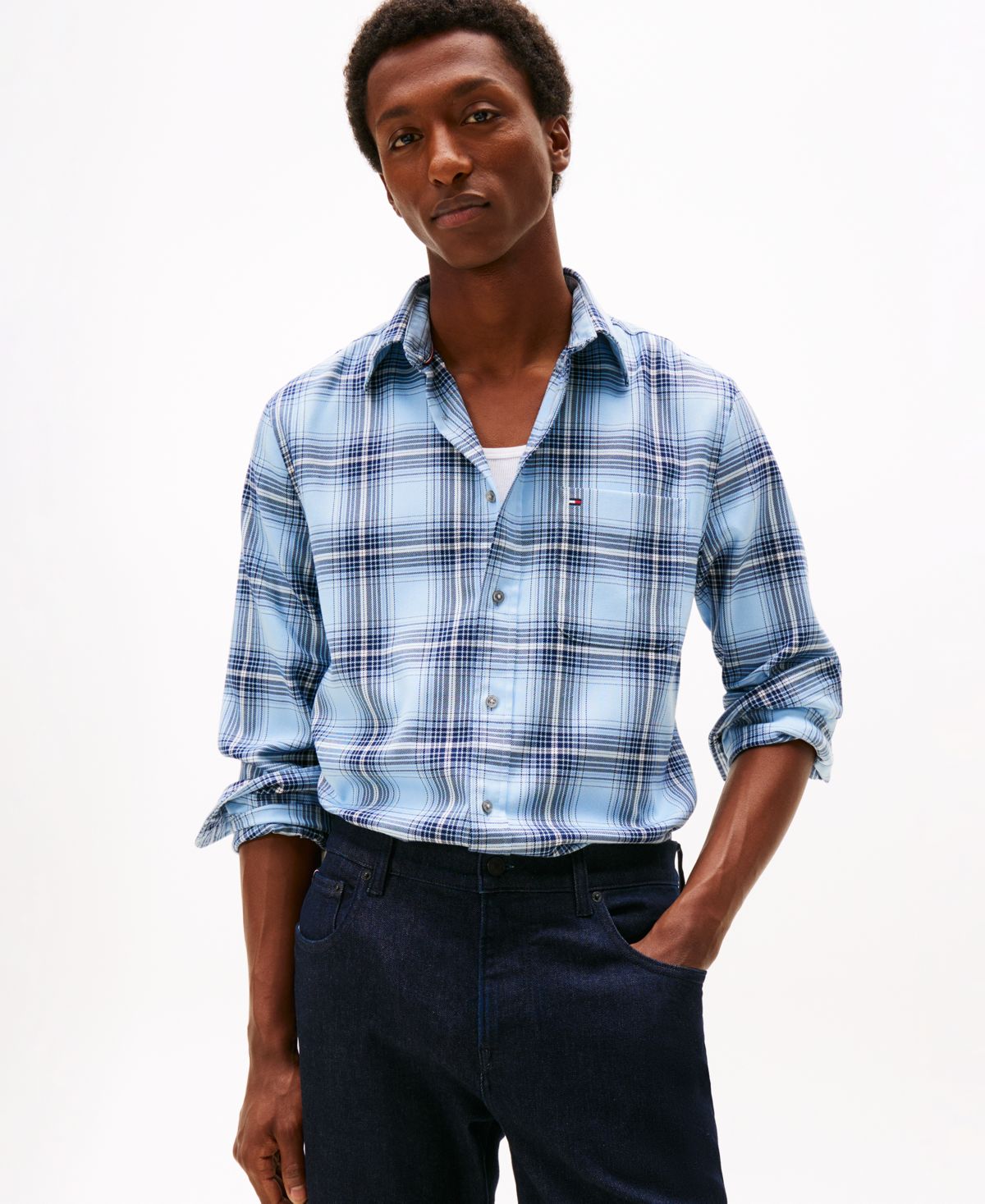 Мужская рубашка в клетку из мягкой на ощупь смесовой ткани обычного покроя