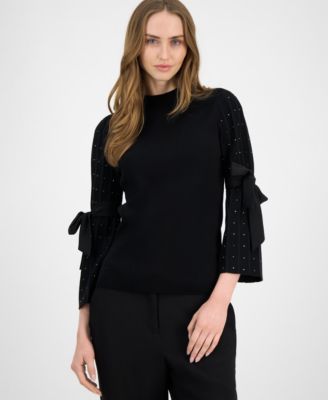 Anne Klein - Women's Embellished Bow-Sleeve Crewneck Top