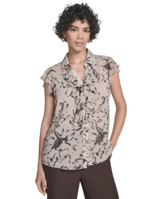 Calvin Klein - Women's Printed Flutter-Sleeve Ruffle Blouse