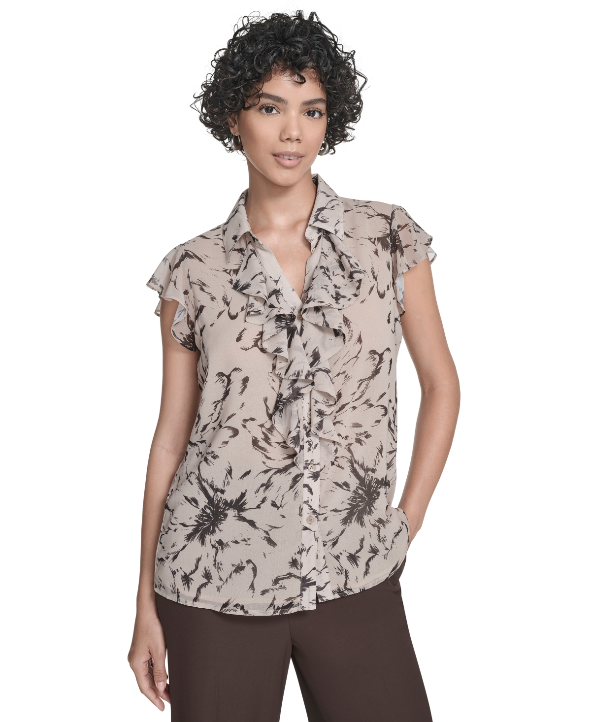 Calvin Klein Women's Printed Flutter-sleeve Ruffle Blouse