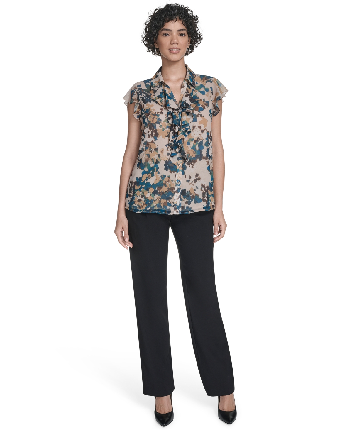 Calvin Klein Women's Printed Flutter-sleeve Ruffle Blouse In Multi