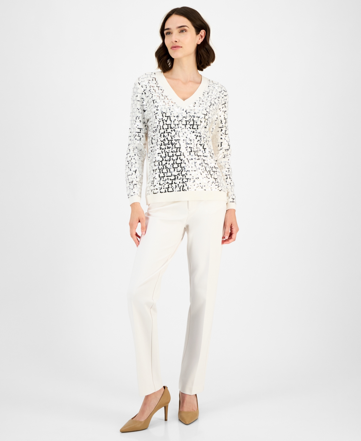 Anne Klein Women's Zig-zag Sequin Sweater In Metallic